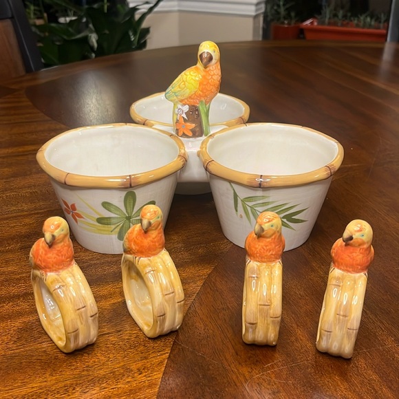 Target Other - Parrot 3 Section Condiment Serving Bowl & Napkin Rings Hand Painted